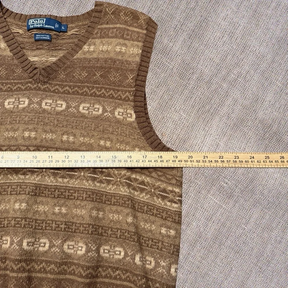 Polo Ralph Lauren Knit Sweater Fair Isle  Vest Brown Beige Cotton Cashmere L - Picture 5 of 7
